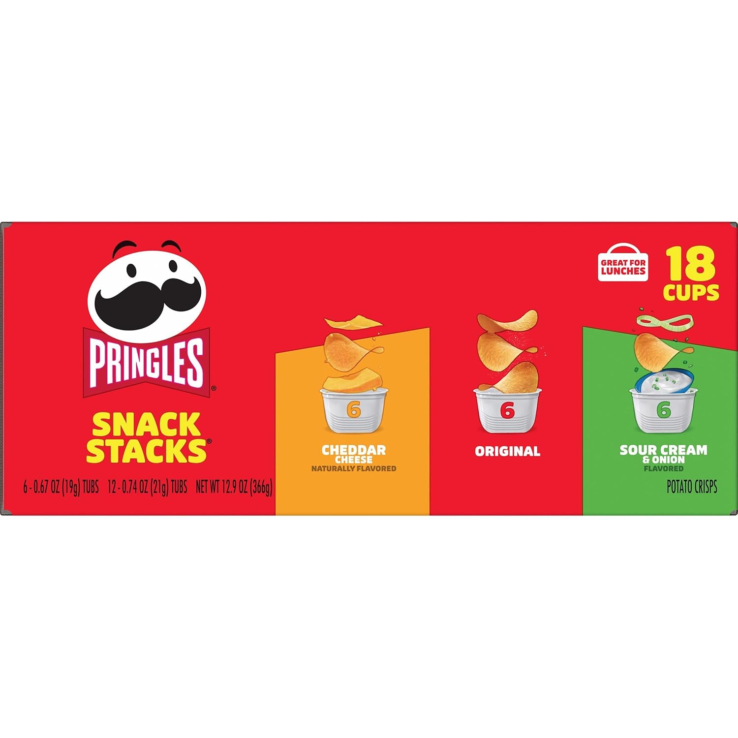 Pringles Potato Crisps Chips, Lunch Snacks, On-the-Go Snacks, Snack Stacks, Variety Pack, 12.9oz Box (18 Cups) 24hrsmart